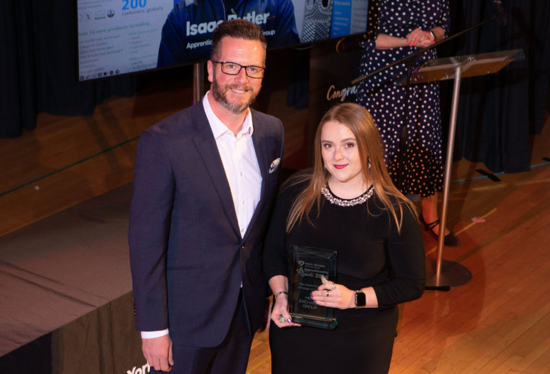 Stephen Woolf presenting Chloe Wallace from the Heat Exchange Group with the New Apprenticeship Employer of the Year award
