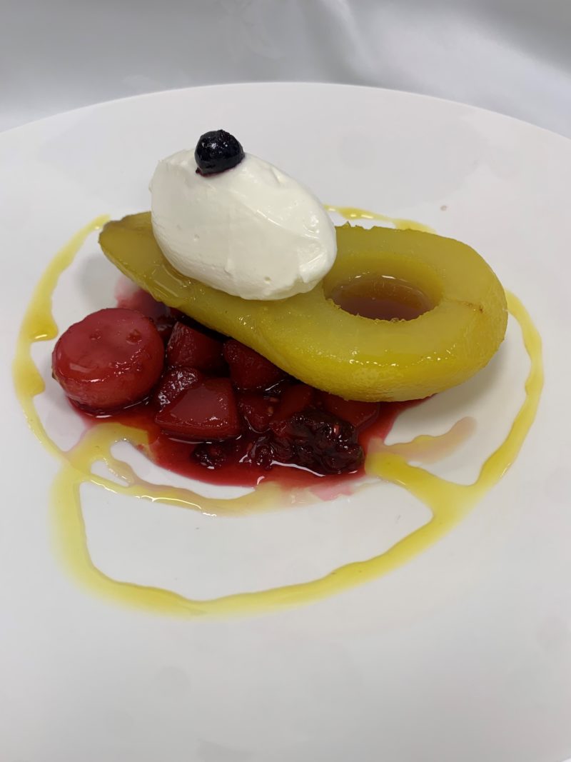 Poached Pears with fruit compote and Chantilly cream